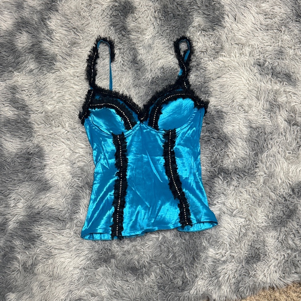 Elegant Blue Camisole with Black Lace Trim